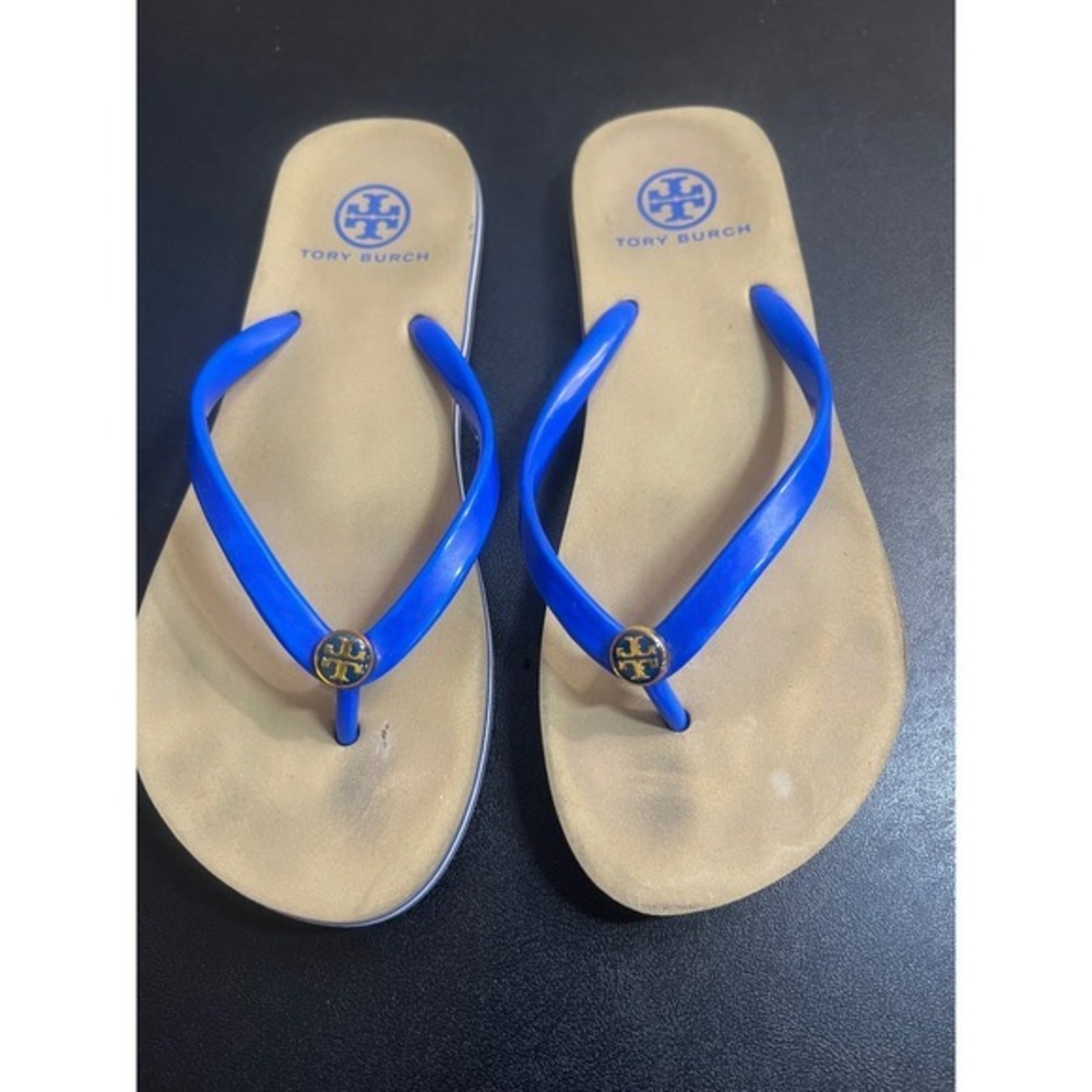 Tory Burch Thin Flip Flops Royal Blue Tan Striped Logo Medallion Sandals 8